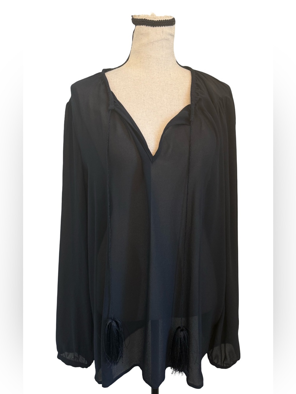 Michael Kors Black Sheer Chiffon Peasant Blouse Tassel Tie Size XL 27x27